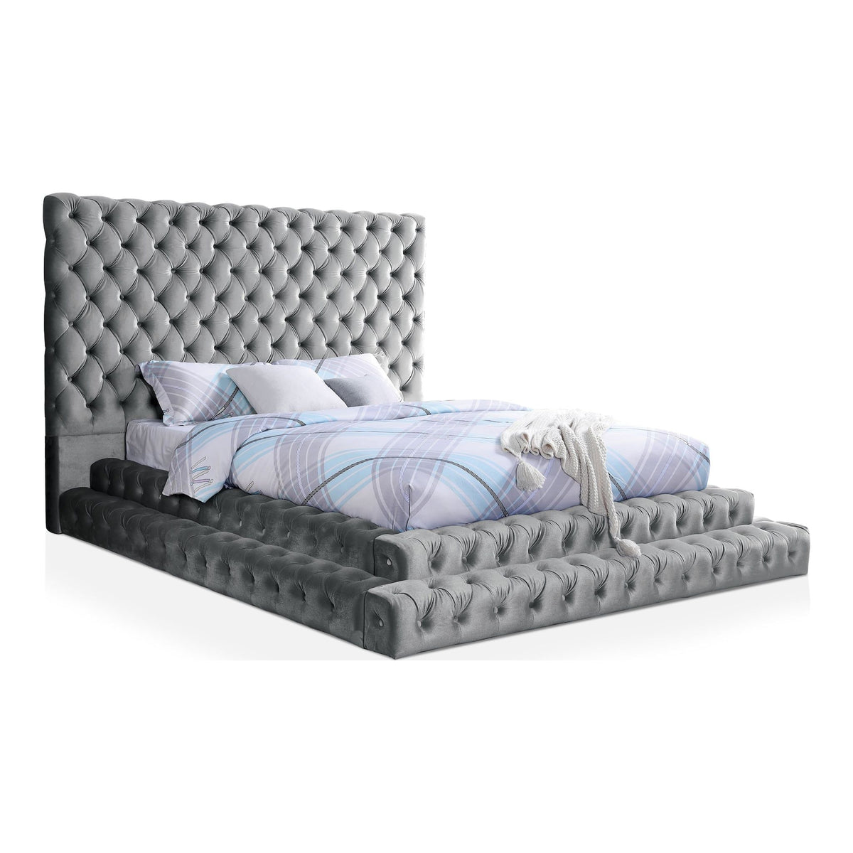 Tufted Oversized Headboard Platform Bed With Fully Upholstered Frame