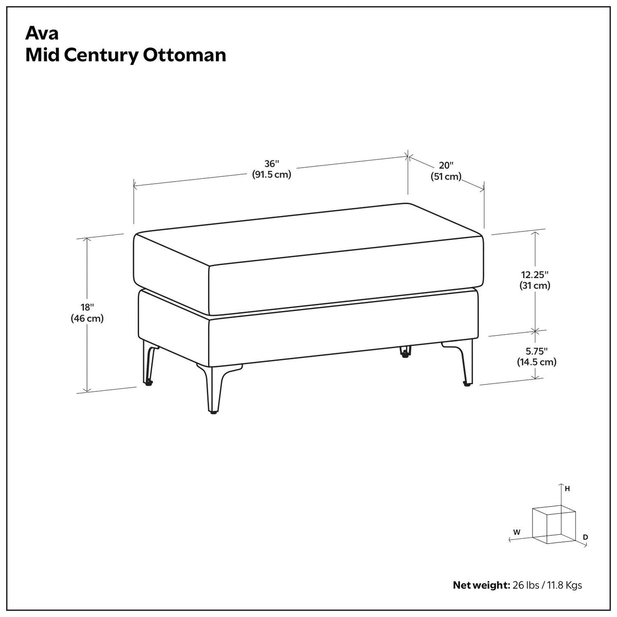 Ava - Versatile Mid Century Ottoman