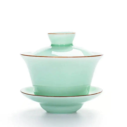 Celadon light blue tea set with gold rim dining room tea tureen