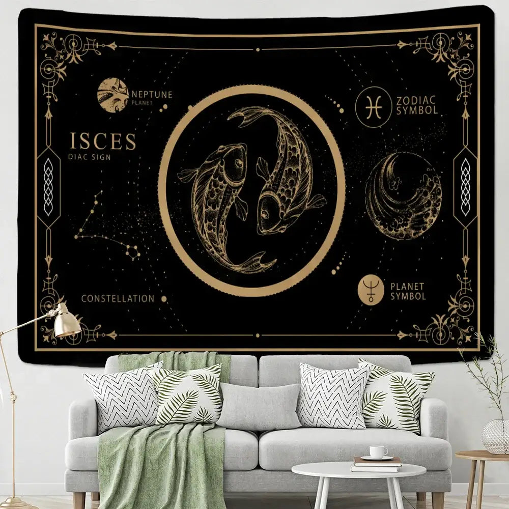 Celestial black & gold pisces constellation tarot tapestry bedroom decor