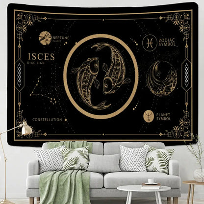 Celestial black & gold pisces constellation tarot tapestry bedroom decor