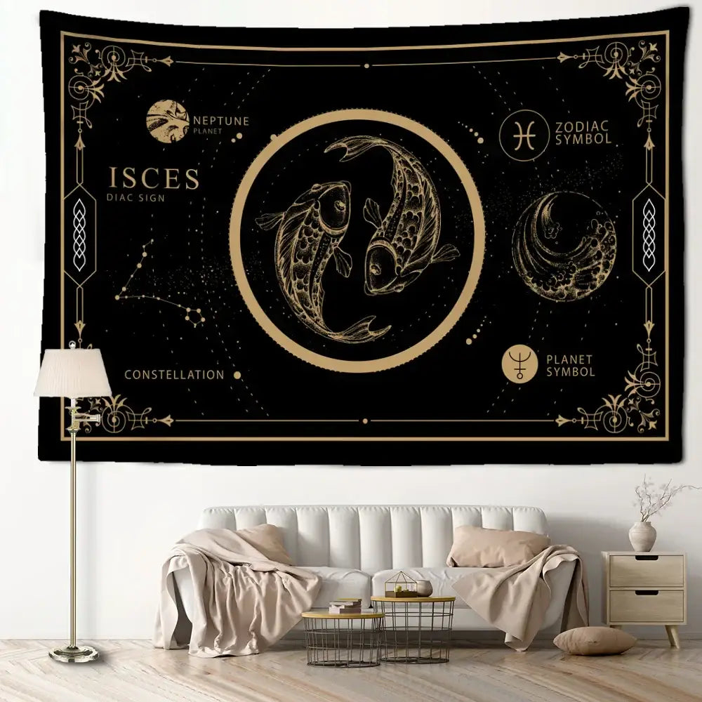 Celestial black & gold pisces constellation tarot tapestry bedroom decor