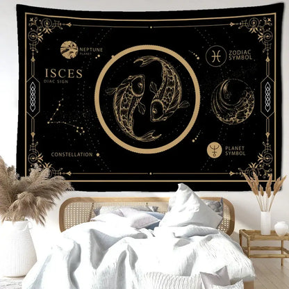 Celestial black & gold pisces constellation tarot tapestry bedroom decor