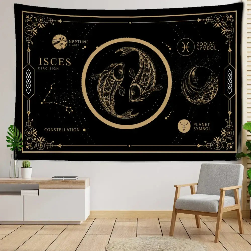 Celestial black & gold pisces constellation tarot tapestry bedroom decor