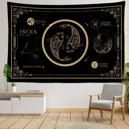 Celestial black & gold pisces constellation tarot tapestry bedroom decor