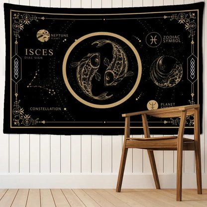 Celestial black & gold pisces constellation tarot tapestry bedroom decor