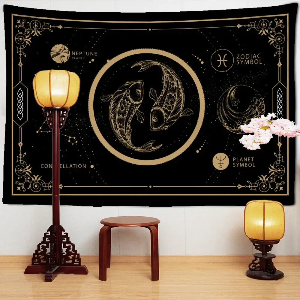 Celestial black & gold pisces constellation tarot tapestry bedroom decor