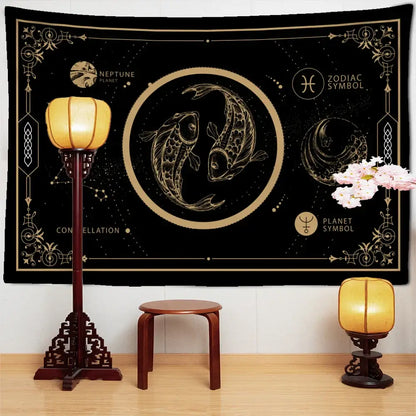Celestial black & gold pisces constellation tarot tapestry bedroom decor