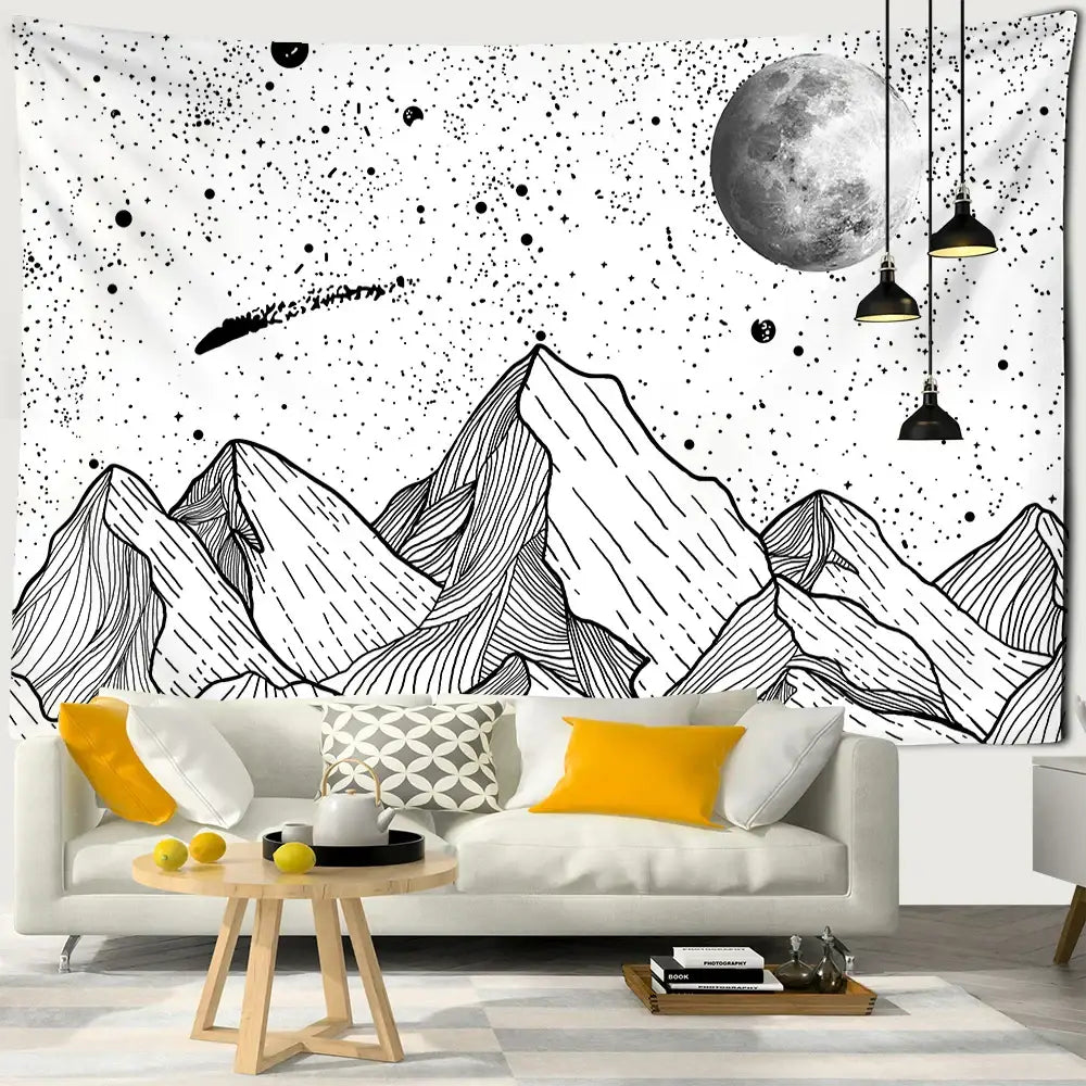 Celestial black & white stars mandala tapestry bedroom wall decor