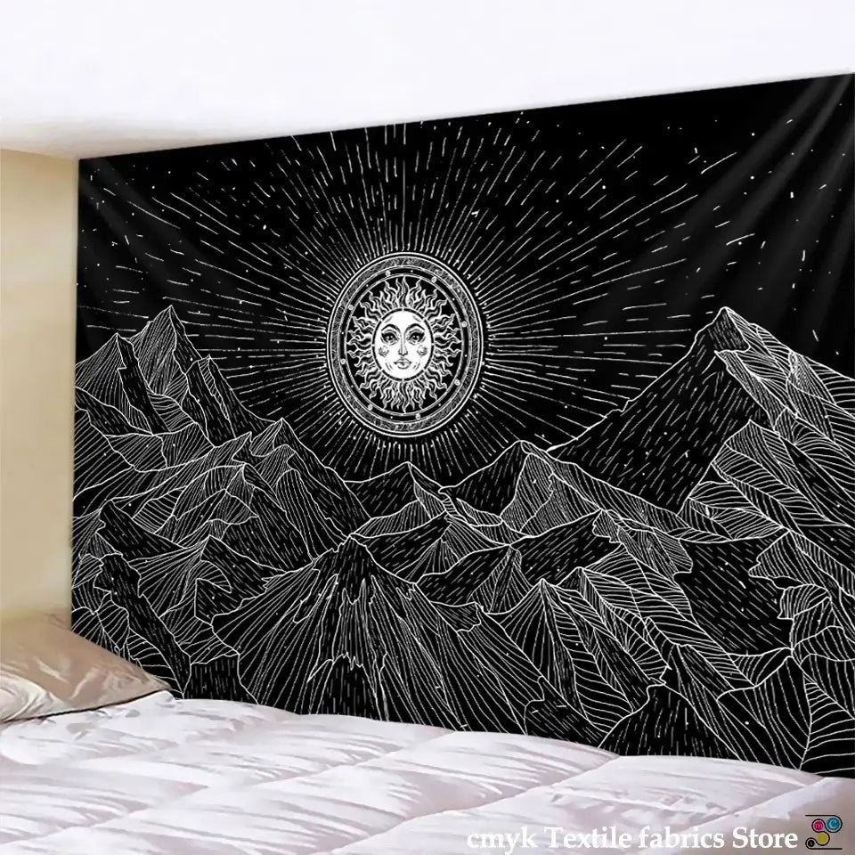 Celestial black & white stars mandala tapestry bedroom wall decor