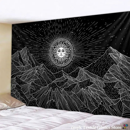 Celestial black & white stars mandala tapestry bedroom wall decor