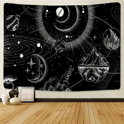 Celestial black & white stars mandala tapestry bedroom wall decor