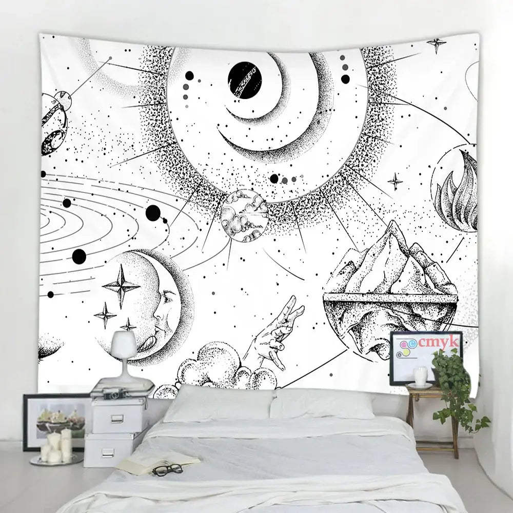 Celestial black & white stars mandala tapestry bedroom wall decor