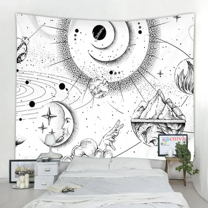 Celestial black & white stars mandala tapestry bedroom wall decor