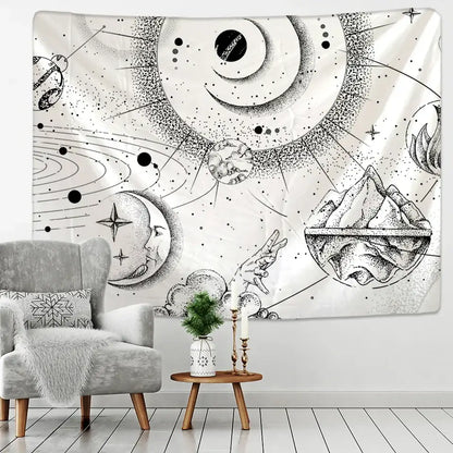 Celestial black & white stars mandala tapestry bedroom wall decor