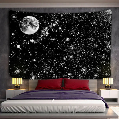 Celestial black & white stars mandala tapestry bedroom wall decor