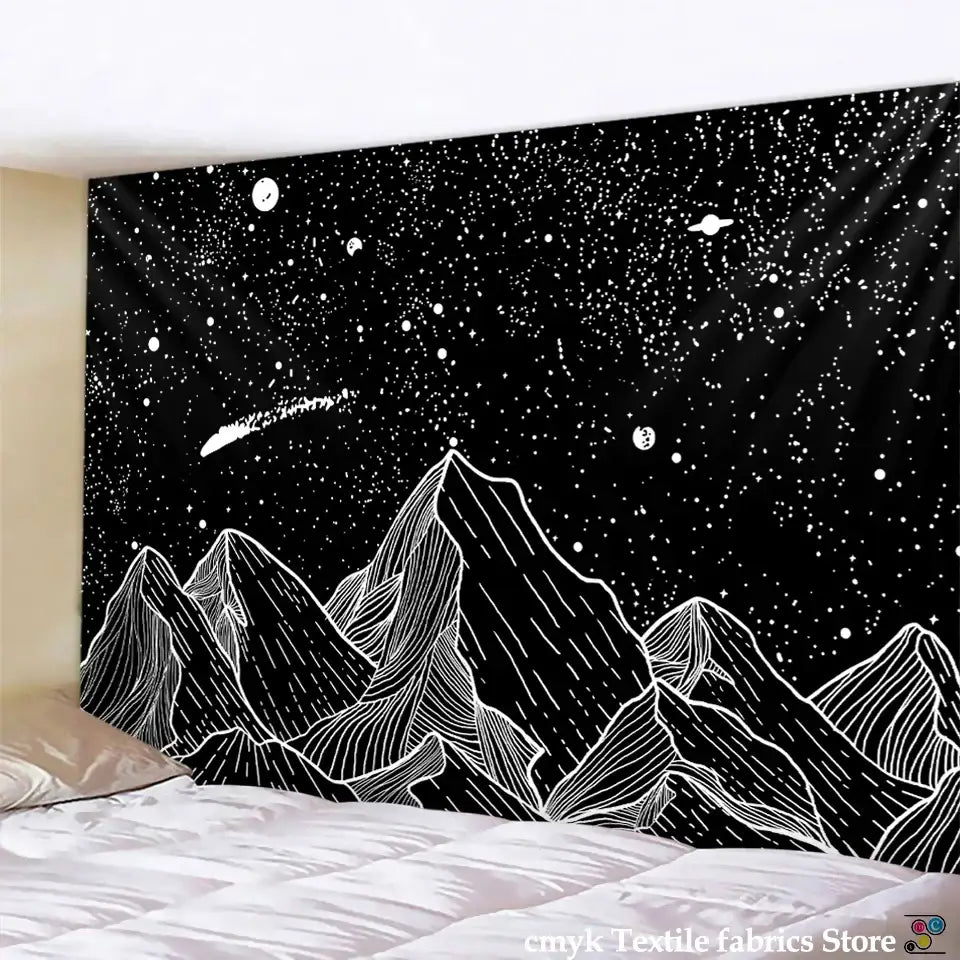 Celestial black & white stars mandala tapestry bedroom wall decor