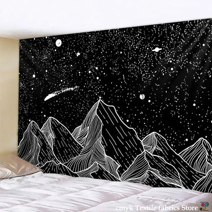 Celestial black & white stars mandala tapestry bedroom wall decor