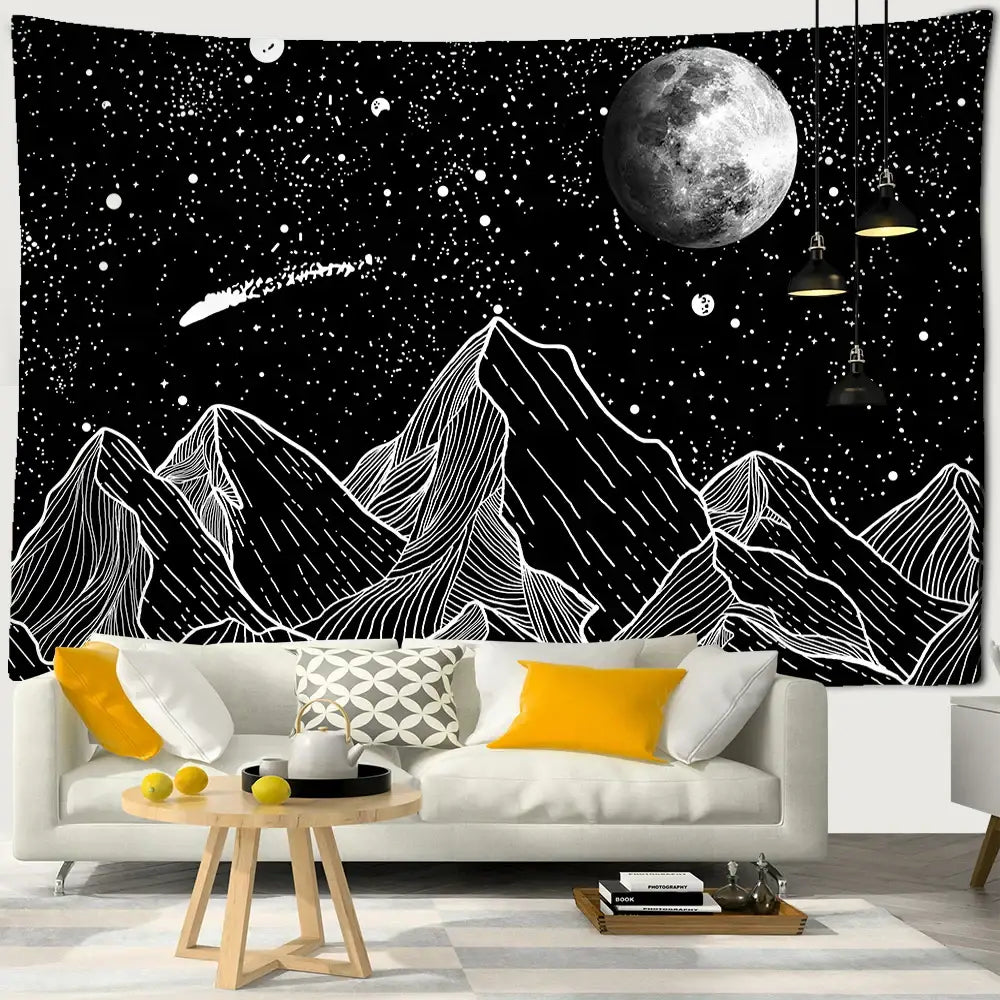 Celestial black & white stars mandala tapestry bedroom wall decor