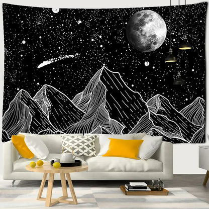 Celestial black & white stars mandala tapestry bedroom wall decor