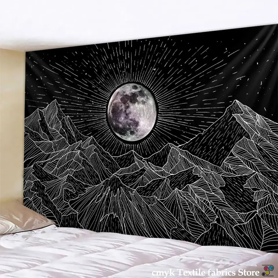 Celestial black & white stars mandala tapestry bedroom wall decor