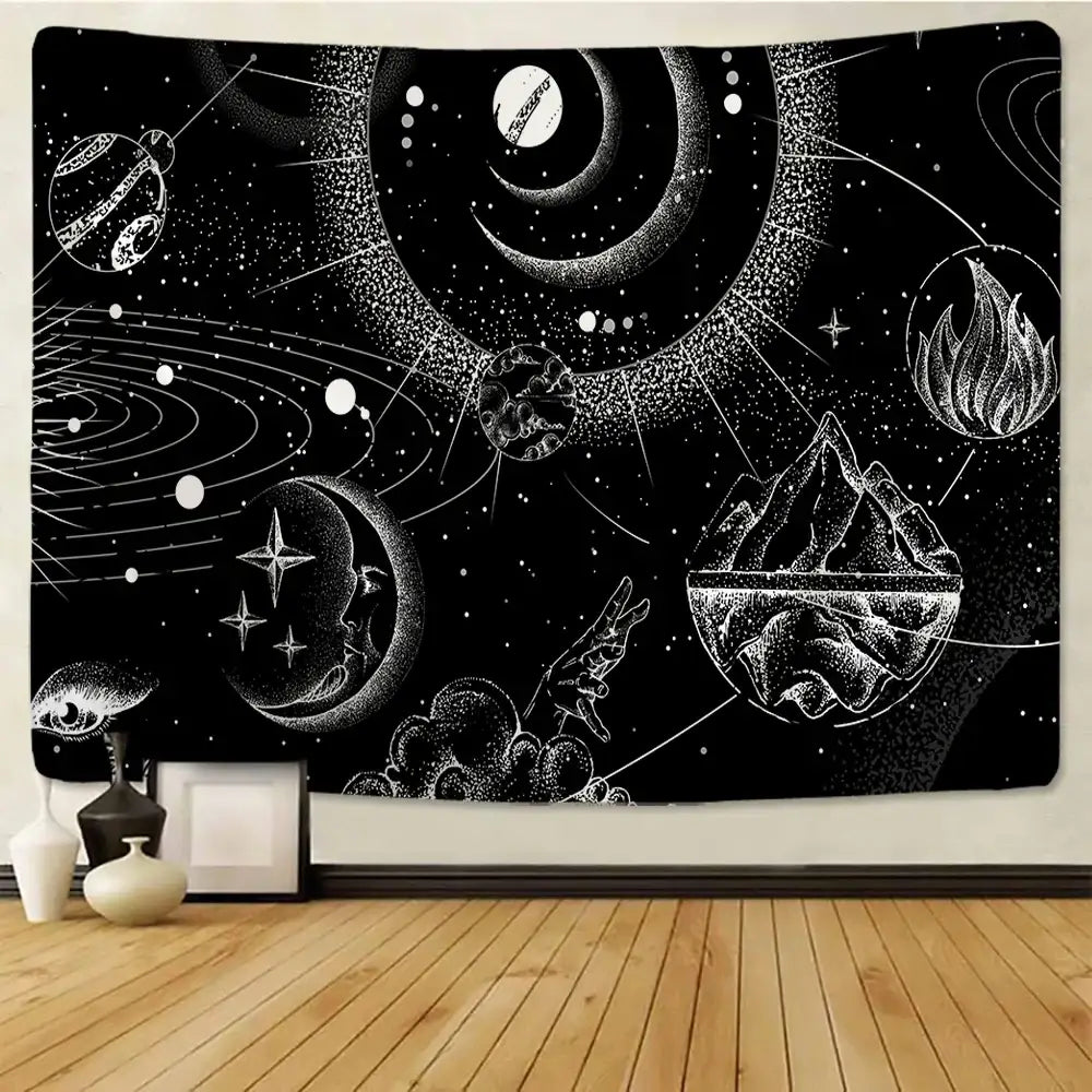Celestial black & white stars mandala tapestry bedroom wall decor