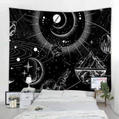 Celestial black & white stars mandala tapestry bedroom wall decor