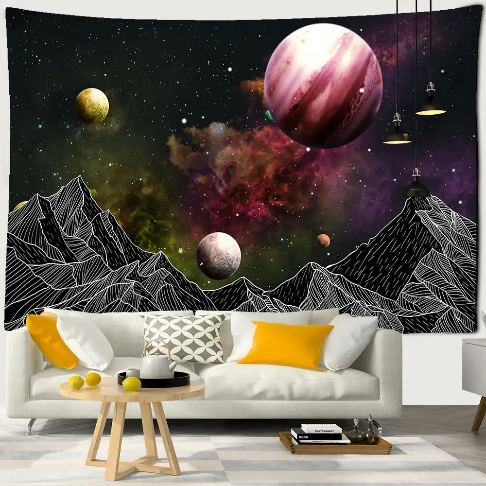 Celestial black & white stars mandala tapestry bedroom wall decor