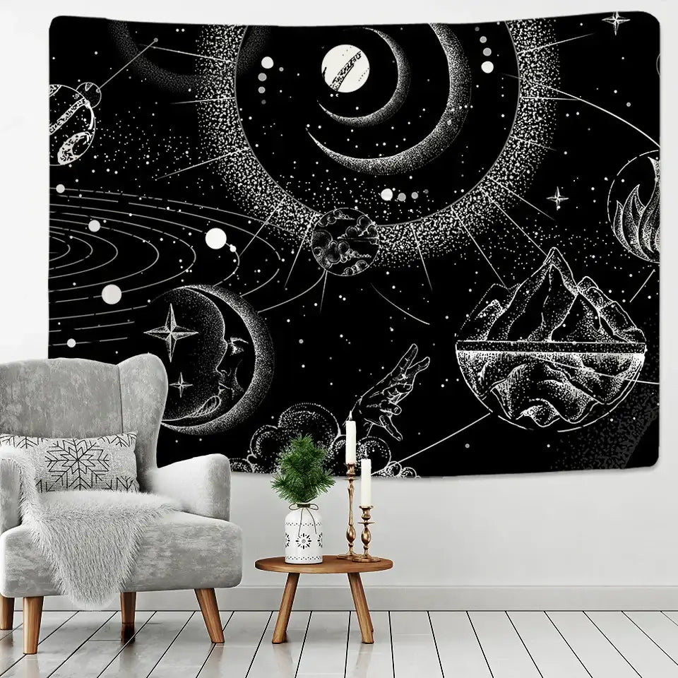 Celestial black & white stars mandala tapestry bedroom wall decor
