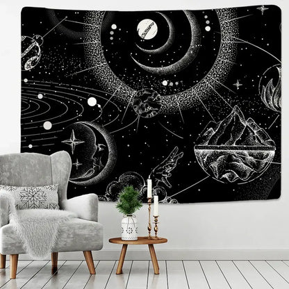 Celestial black & white stars mandala tapestry bedroom wall decor