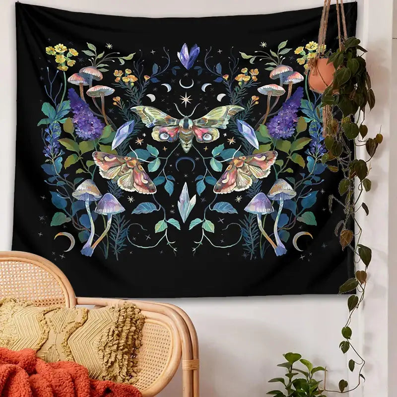 Celestial botanical tapestry wall hanging black bedroom decor