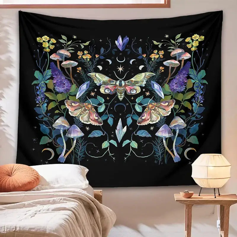 Celestial botanical tapestry wall hanging black bedroom decor