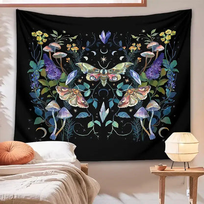 Celestial botanical tapestry wall hanging black bedroom decor