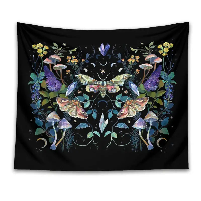 Celestial botanical tapestry wall hanging black bedroom decor