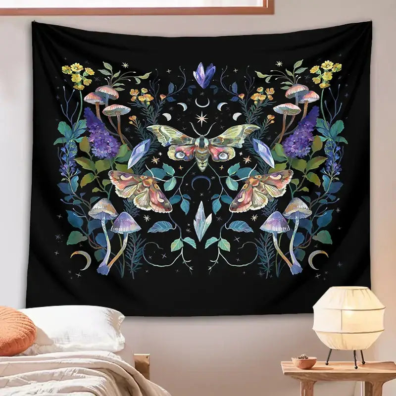 Celestial botanical tapestry wall hanging black bedroom decor