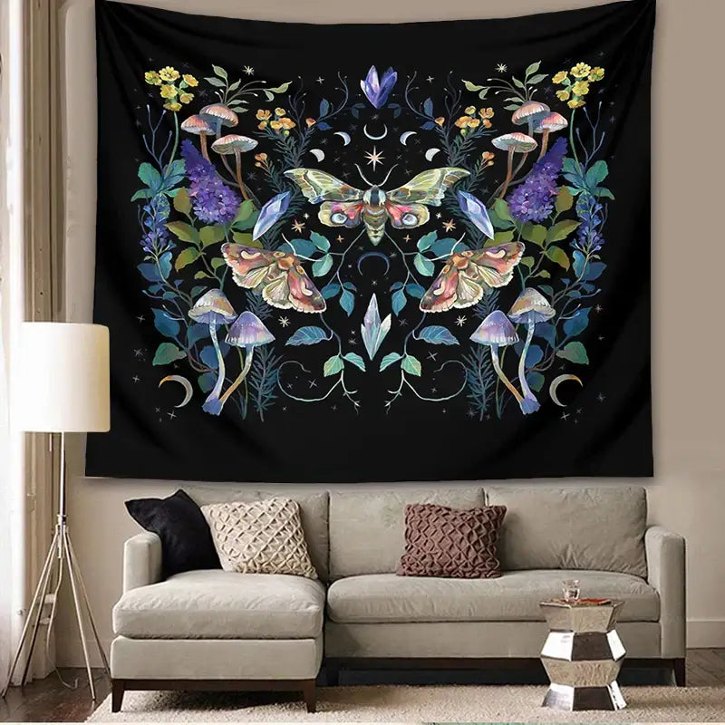 Celestial botanical tapestry wall hanging black bedroom decor