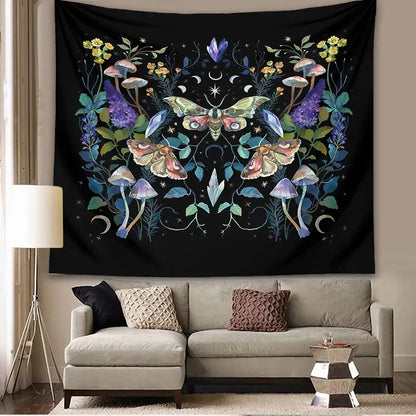 Celestial botanical tapestry wall hanging black bedroom decor