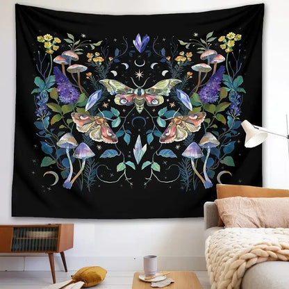 Celestial botanical tapestry wall hanging black bedroom decor