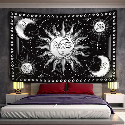 Celestial mandala hippie black & white wall hanging bedroom tapestry
