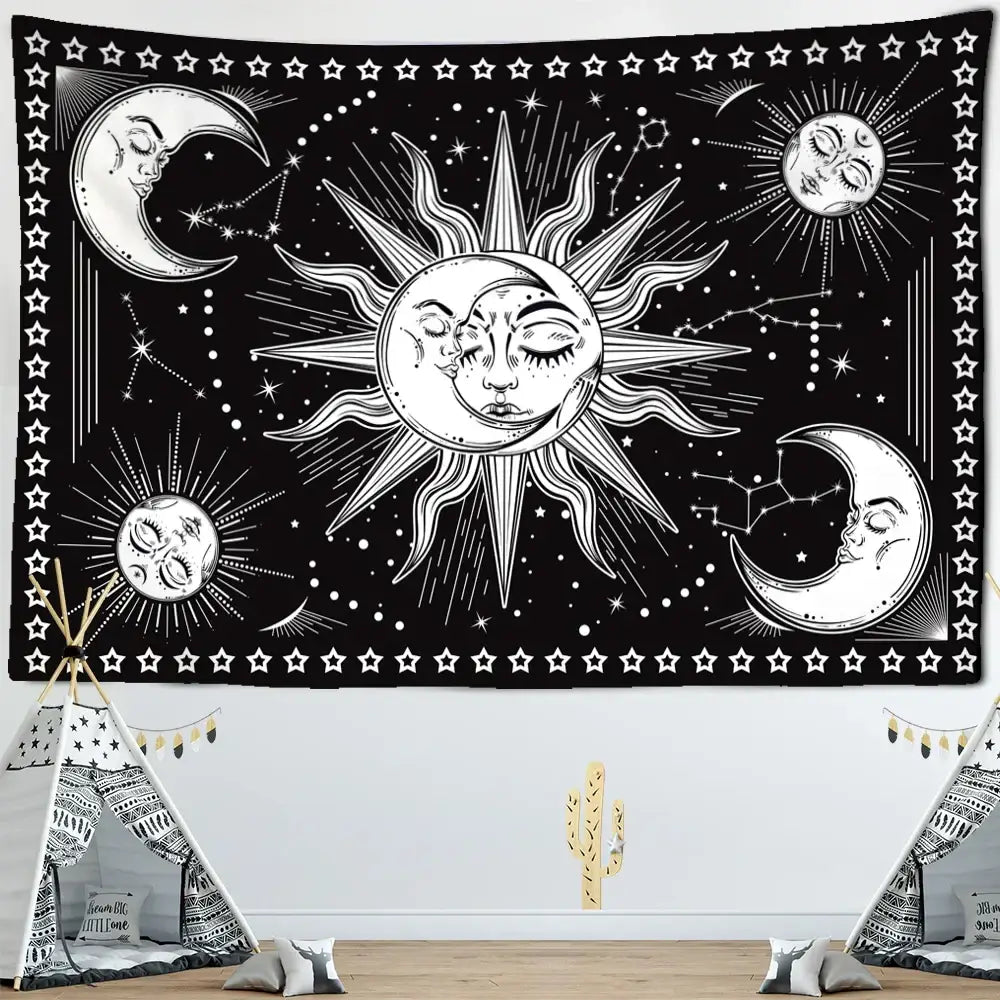 Celestial mandala hippie black & white wall hanging bedroom tapestry