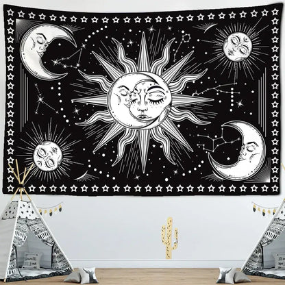 Celestial mandala hippie black & white wall hanging bedroom tapestry