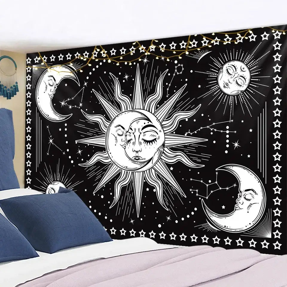Celestial mandala hippie black & white wall hanging bedroom tapestry