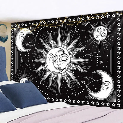 Celestial mandala hippie black & white wall hanging bedroom tapestry
