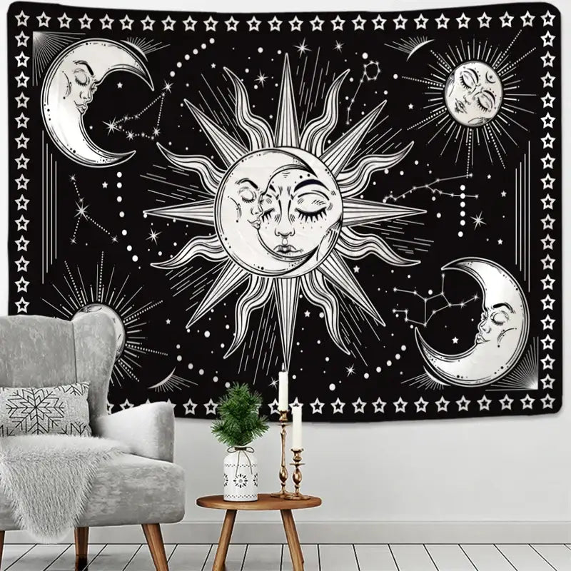 Celestial mandala hippie black & white wall hanging bedroom tapestry