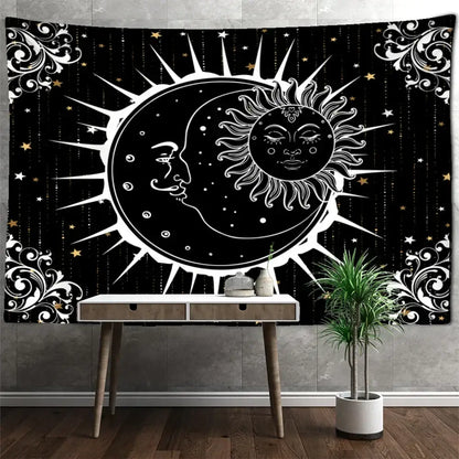 Celestial mandala hippie black & white wall hanging bedroom tapestry