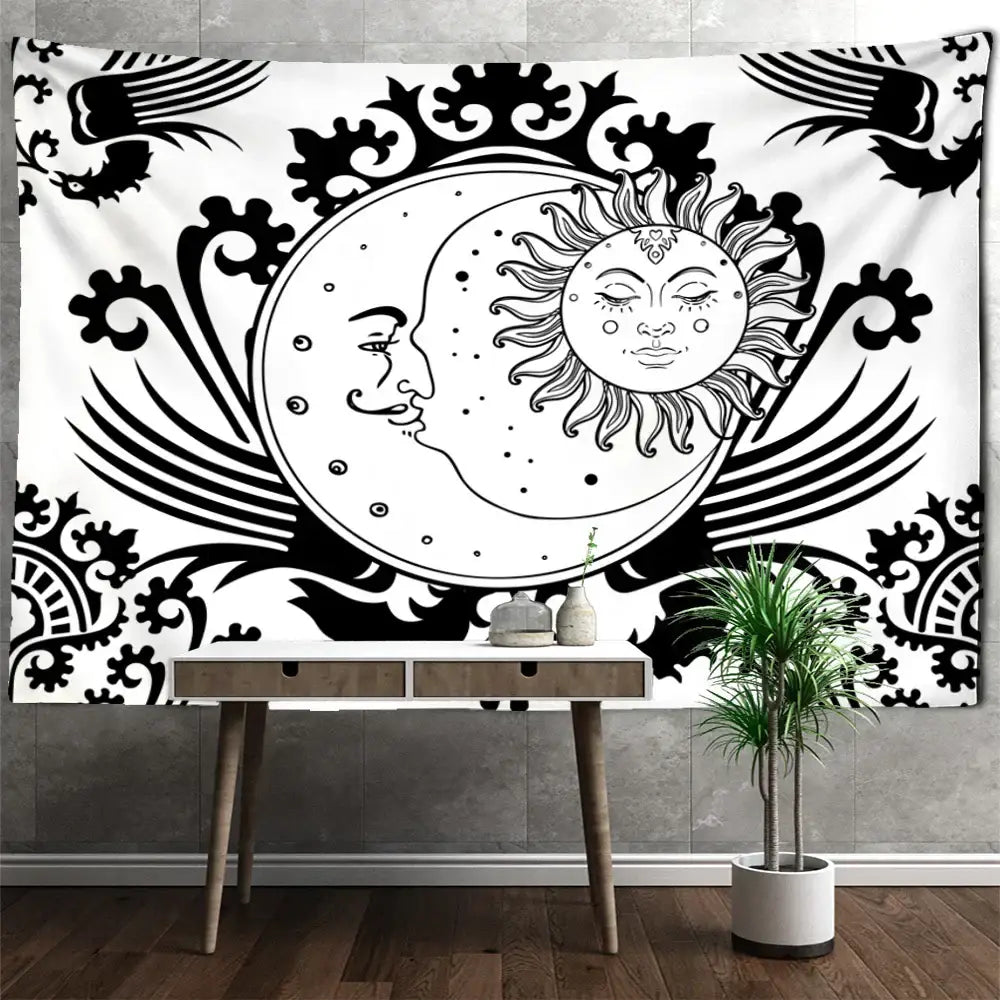 Celestial mandala hippie black & white wall hanging bedroom tapestry