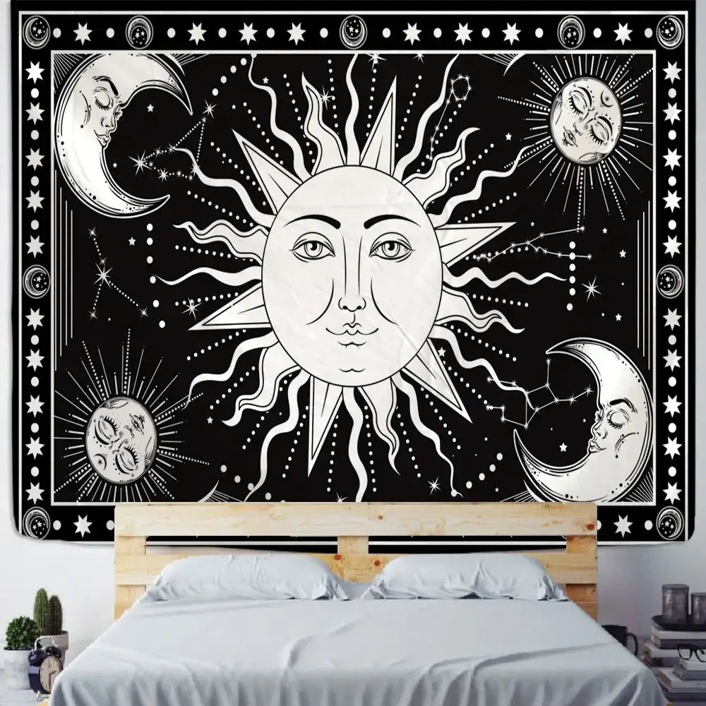 Celestial mandala hippie black & white wall hanging bedroom tapestry