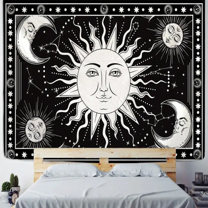 Celestial mandala hippie black & white wall hanging bedroom tapestry