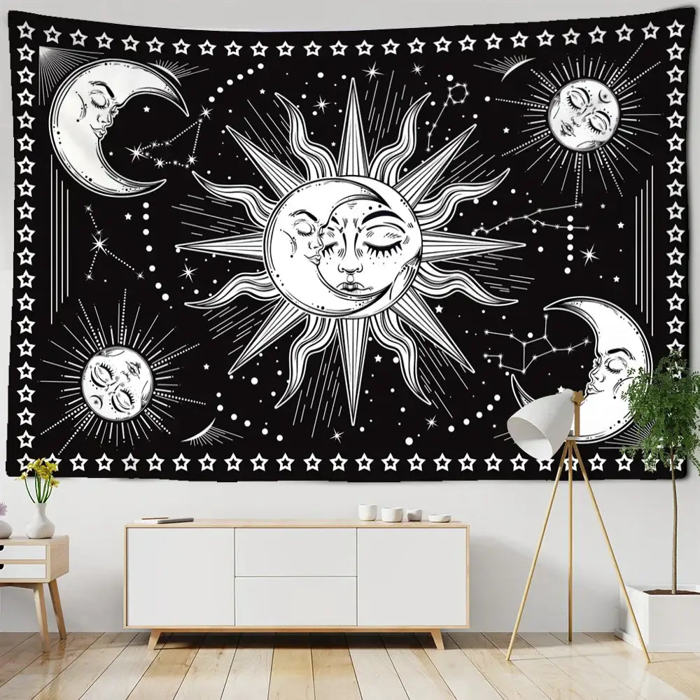 Celestial mandala hippie black & white wall hanging bedroom tapestry