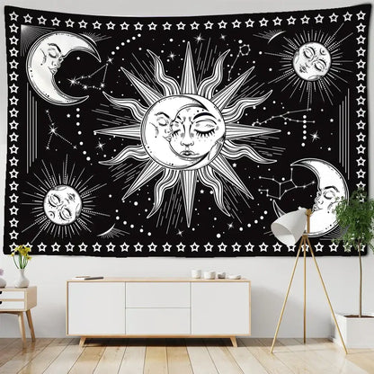 Celestial mandala hippie black & white wall hanging bedroom tapestry